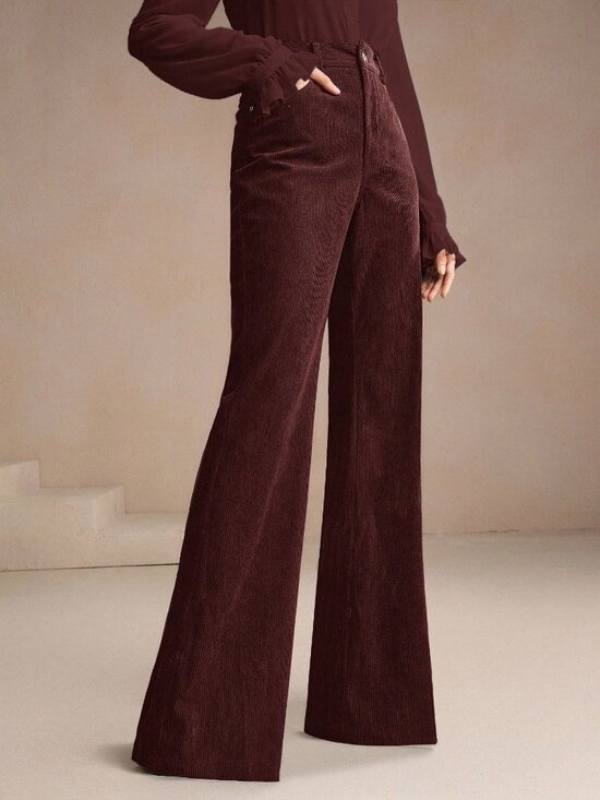 Pants - Rust Brown Casual Women's Embroidered Corduroy Flare Trousers